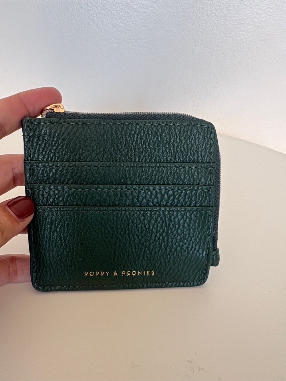 Poppy & Peonies Forest Green Pebbled Leather Card Case with Gold Zip